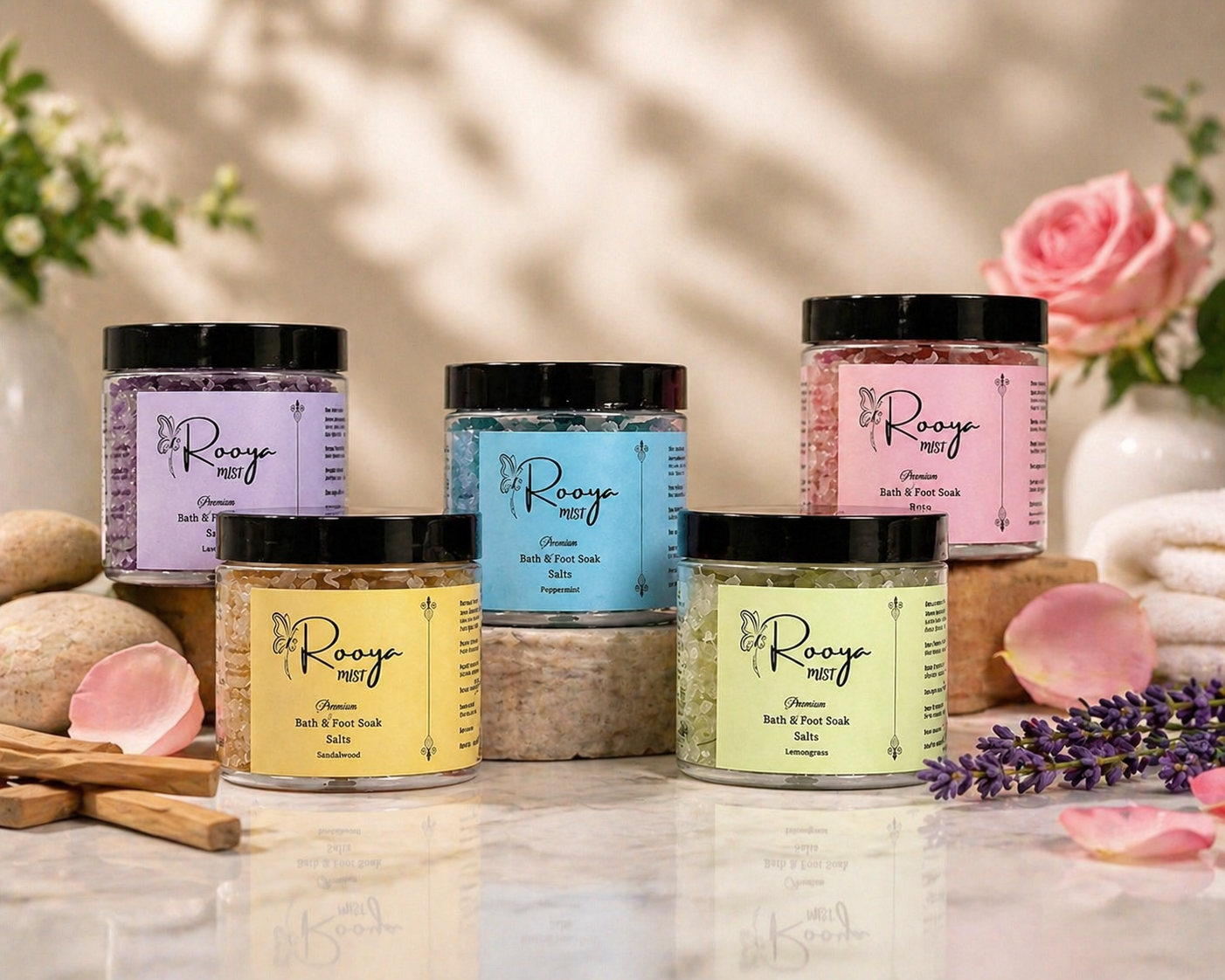 The full Rooya MIST collection — Lavender, Rose, Sandalwood, Lemongrass, and Peppermint Bath & Foot Soak Salts
