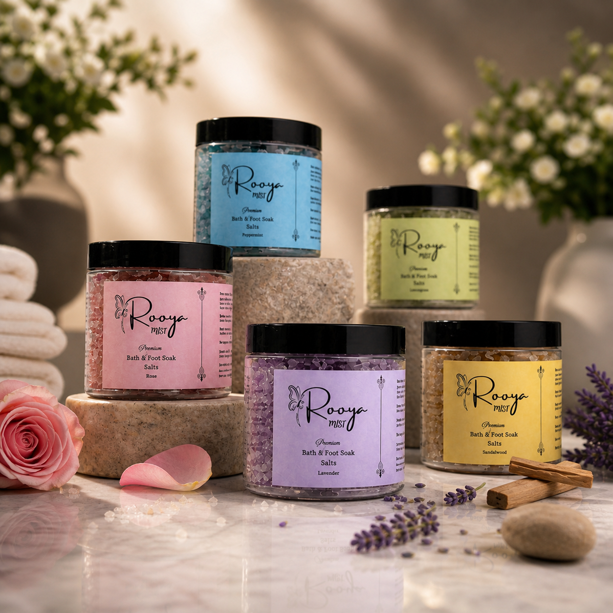 The Rooya Mist collection — five hand-blended bath & foot soak salts